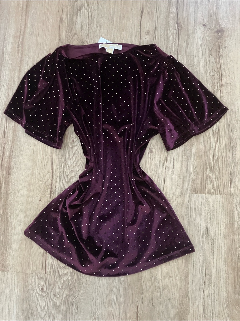 NWT Michael Kors Plum Velvet Short Sleeve Blouse with Gold Rhinestone Dots